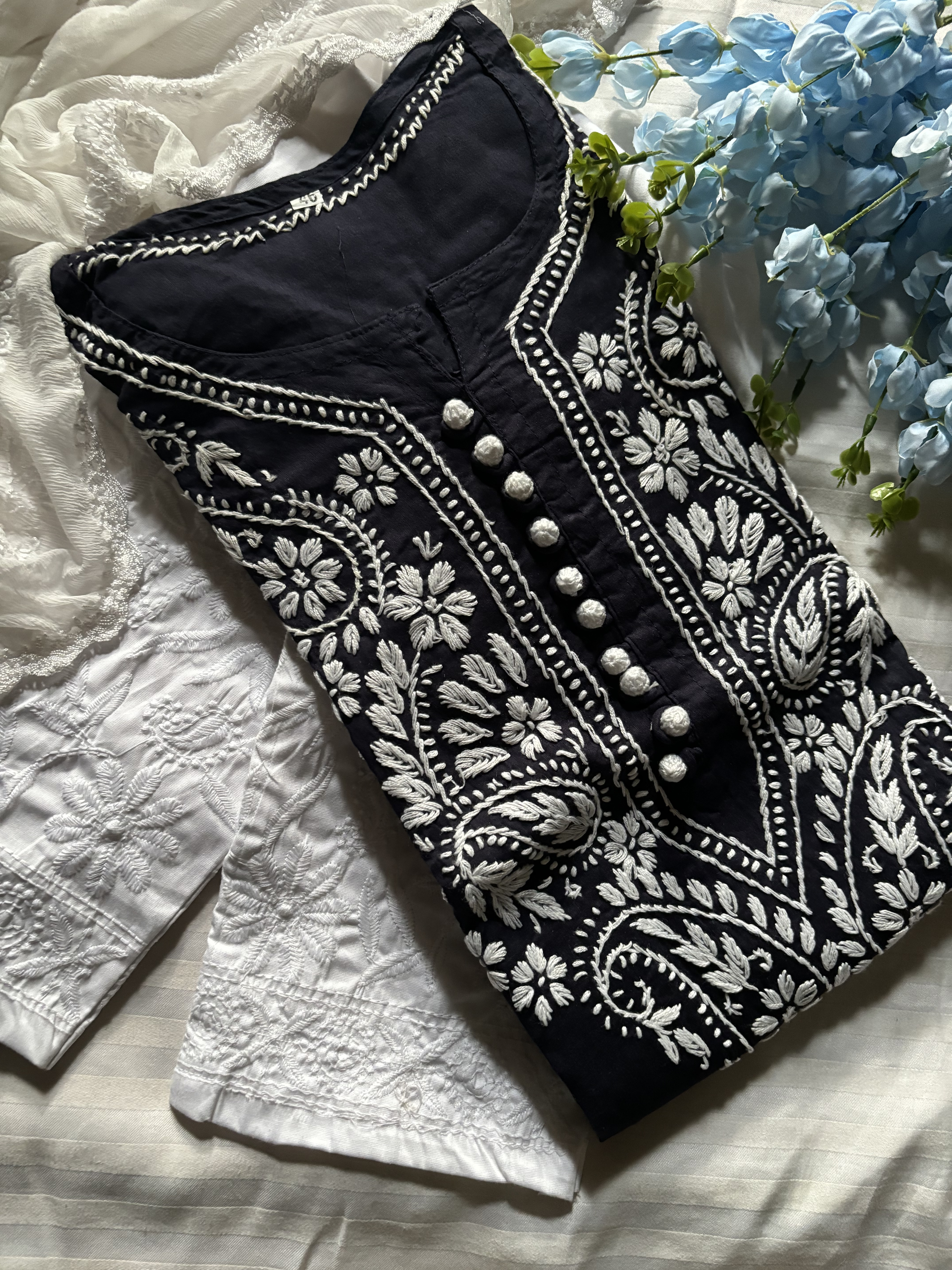 Elegant Pure Cotton Chikankari Fabric with Silk Thread Embroidery