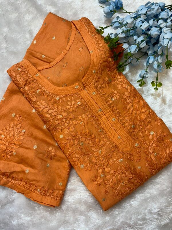 Elegant Handcrafted Chikankari Chanderi Silk Kurti Set | Long & Straight Fit | Non-Transparent Ethnic Wear - Image 9