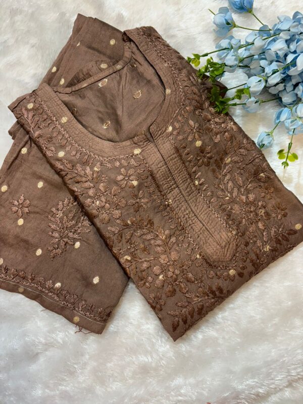 Elegant Handcrafted Chikankari Chanderi Silk Kurti Set | Long & Straight Fit | Non-Transparent Ethnic Wear - Image 11