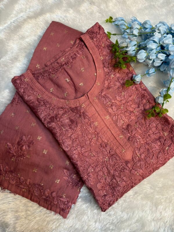 Elegant Handcrafted Chikankari Chanderi Silk Kurti Set | Long & Straight Fit | Non-Transparent Ethnic Wear - Image 4