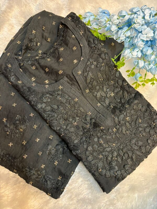 Elegant Handcrafted Chikankari Chanderi Silk Kurti Set | Long & Straight Fit | Non-Transparent Ethnic Wear - Image 6