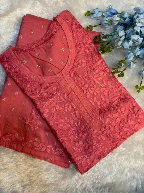 Elegant Handcrafted Chikankari Chanderi Silk Kurti Set | Long & Straight Fit | Non-Transparent Ethnic Wear - Image 2