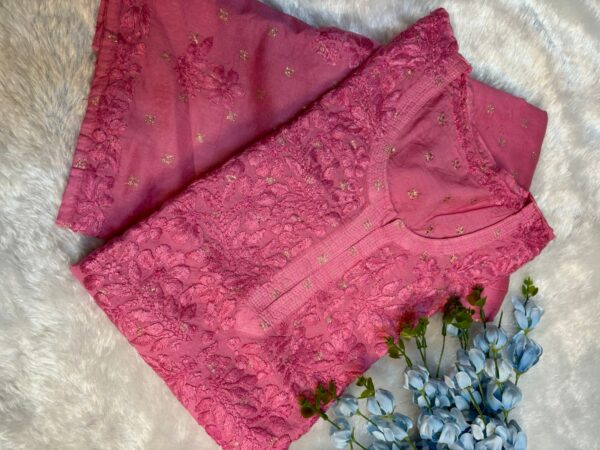 Elegant Handcrafted Chikankari Chanderi Silk Kurti Set | Long & Straight Fit | Non-Transparent Ethnic Wear - Image 3